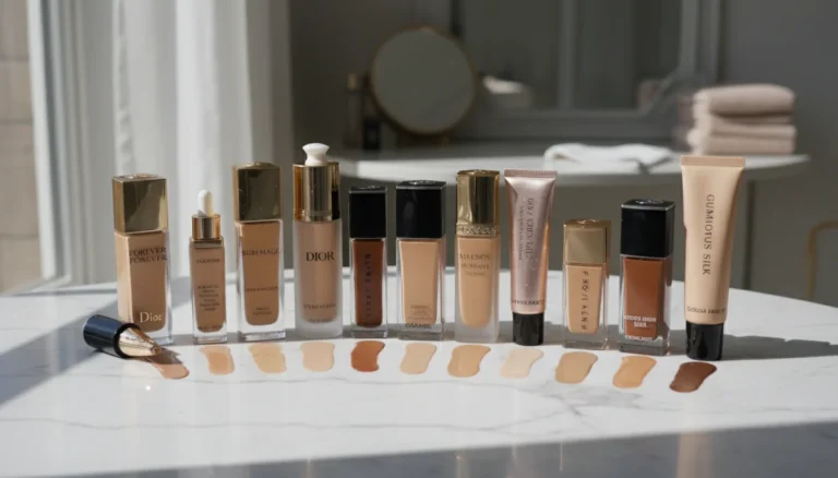 Long-lasting foundations collection on marble surface