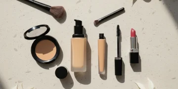 Makeup essentials including foundation, concealer, mascara and lipstick arranged on a clean surface