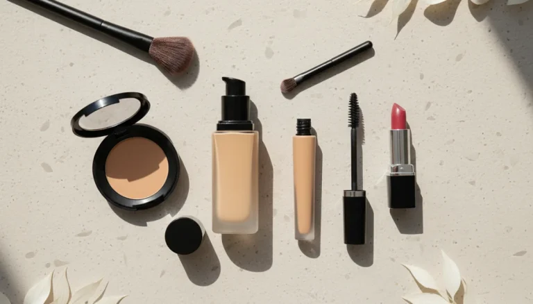 Makeup essentials including foundation, concealer, mascara and lipstick arranged on a clean surface