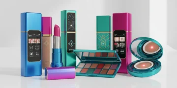Modern makeup innovations displayed elegantly with innovative packaging and vibrant cosmetic colors
