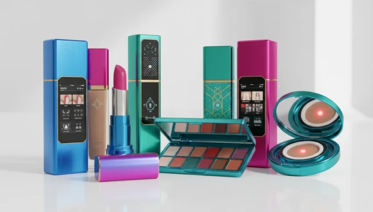 Modern makeup innovations displayed elegantly with innovative packaging and vibrant cosmetic colors