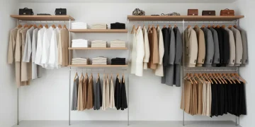 Minimalist capsule wardrobe essentials displayed in an organized closet