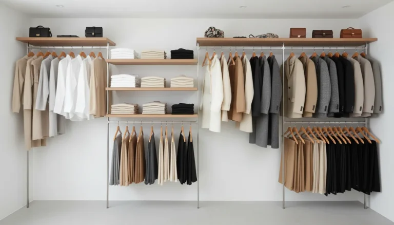 Minimalist capsule wardrobe essentials displayed in an organized closet