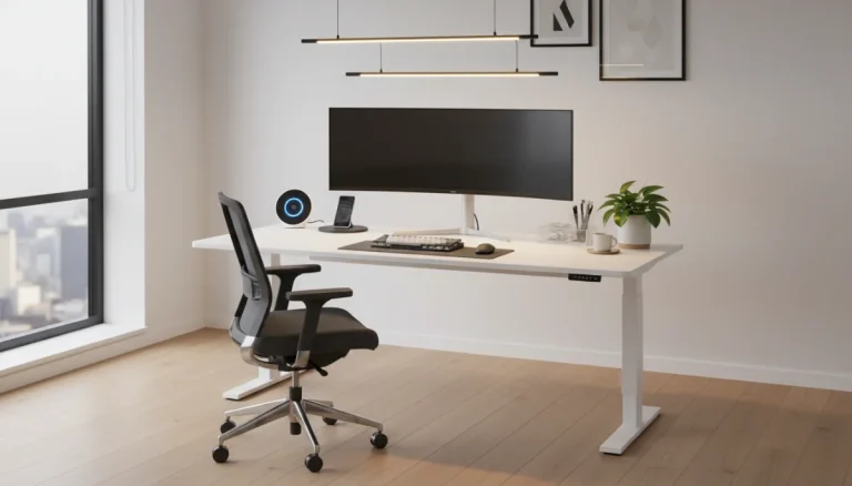 Modern home office essentials setup with ergonomic furniture and smart devices