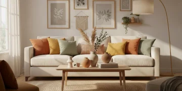 Modern living room with affordable home decor under $75 featuring stylish throw pillows and decorative accessories