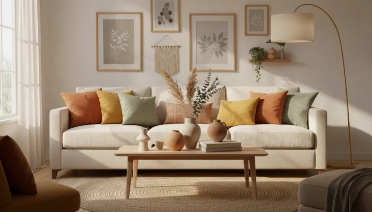 Modern living room with affordable home decor under $75 featuring stylish throw pillows and decorative accessories