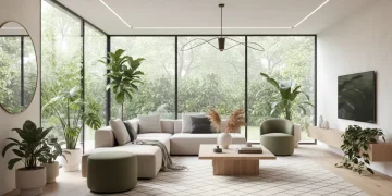 Modern living room with natural wood furniture and indoor plants reflecting current interior design trends