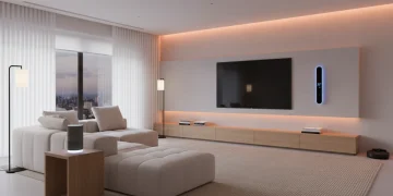 Modern living room with smart home devices including thermostat and voice assistant