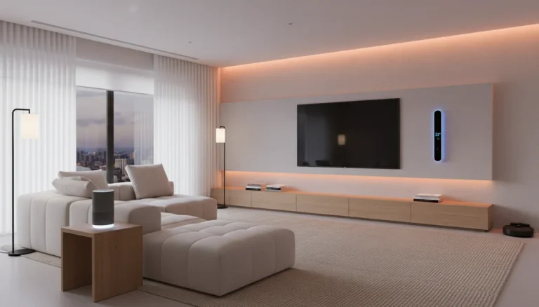 Modern living room with smart home devices including thermostat and voice assistant