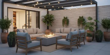 Trendy outdoor living space with comfortable furniture and decorative lighting