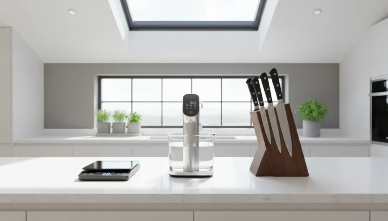 Collection of must-have kitchen gadgets on modern countertop