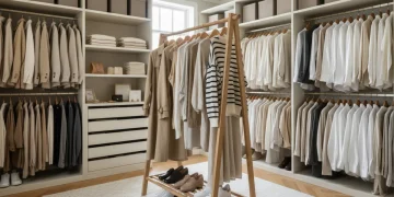 Organized closet displaying versatile wardrobe essentials including blazers, shirts, and trousers in neutral tones
