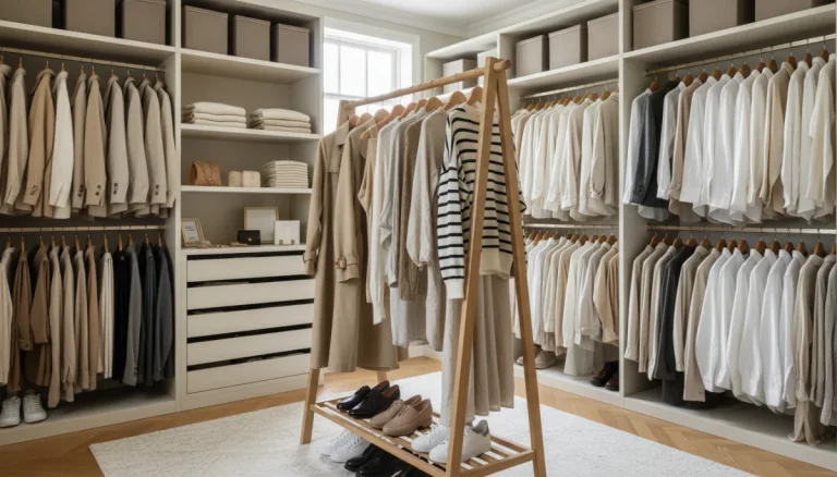 Organized closet displaying versatile wardrobe essentials including blazers, shirts, and trousers in neutral tones