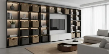 Organized living room with smart storage solutions featuring modular shelving and decorative baskets