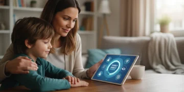 Parent and child reviewing device security settings together