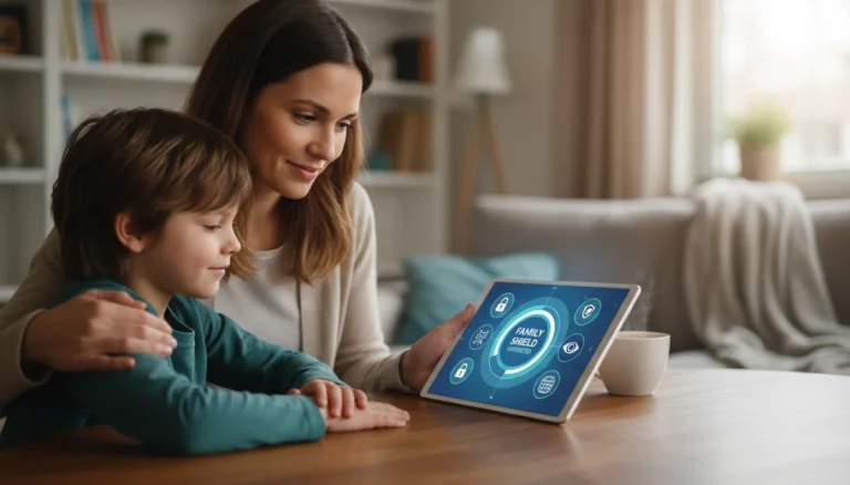 Parent and child reviewing device security settings together