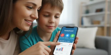 Parent and child reviewing parental control app on smartphone