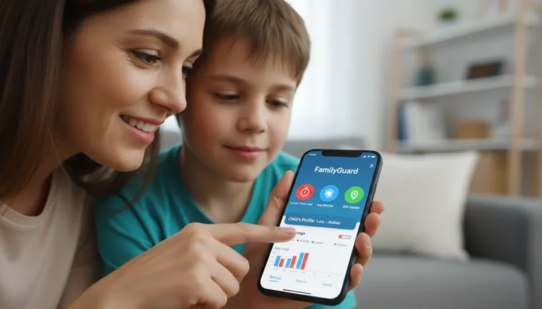 Parent and child reviewing parental control app on smartphone
