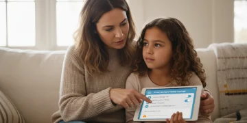 Parent and child discussing privacy settings on a tablet