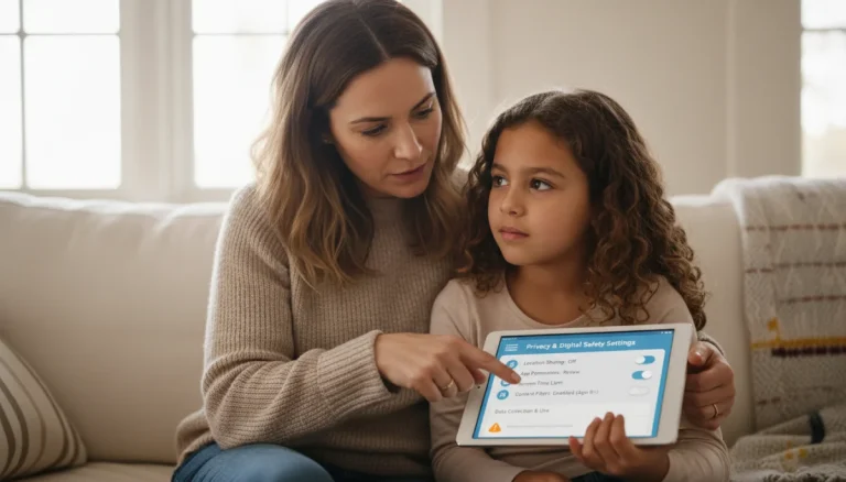 Parent and child discussing privacy settings on a tablet