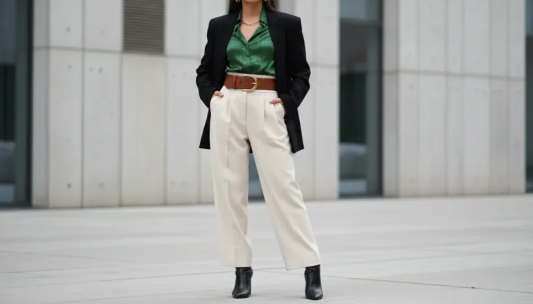 Fashion model wearing high-waisted trousers with fitted blouse demonstrating perfect outfit proportions
