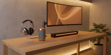 Premium audio gadgets including wireless headphones and portable speakers on a modern desk
