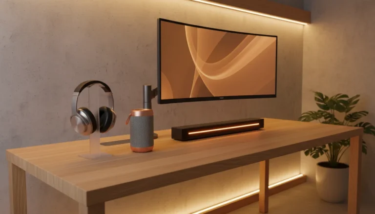Premium audio gadgets including wireless headphones and portable speakers on a modern desk