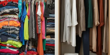 Slow fashion vs fast fashion closet comparison showing organized sustainable wardrobe versus cluttered fast fashion items