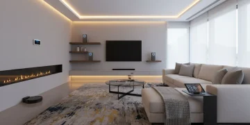 Smart home devices in modern living room with thermostat and speakers