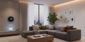Smart home devices in modern living room with voice assistant and automated lighting