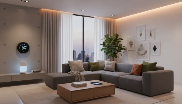 Smart home devices in modern living room with voice assistant and automated lighting