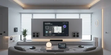 Smart home devices in a modern living room with automated lighting and voice assistants
