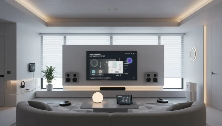 Smart home devices in a modern living room with automated lighting and voice assistants