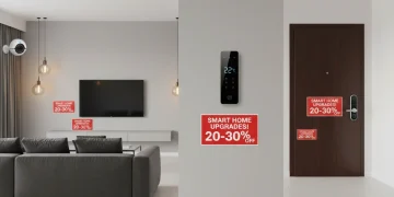 Smart home devices on sale with discount tags in a modern living room