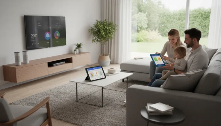 Smart home kids setup with connected devices in a family living room
