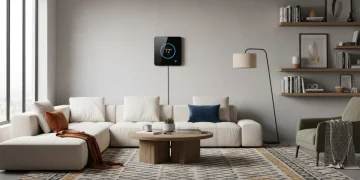 Smart thermostat in a modern living room showing energy savings