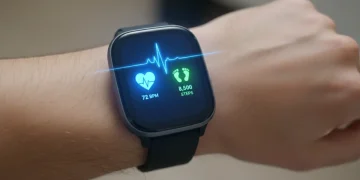 Smart watch displaying health metrics on wrist showing wearable technology trends
