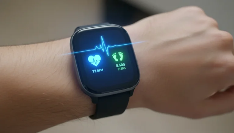Smart watch displaying health metrics on wrist showing wearable technology trends