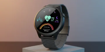 Modern smartwatch displaying health monitoring metrics on its screen