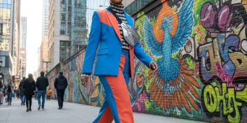 Street style fashion featuring bold color palettes with electric blue and coral orange outfit in urban setting