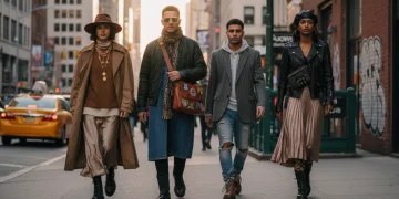 Street style outfits showcase featuring layered fashion looks with modern silhouettes in an urban setting