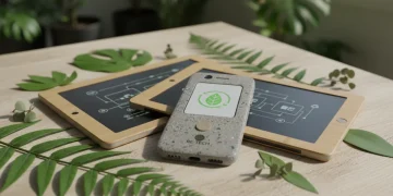 Sustainable electronics devices made from recycled materials on wooden surface