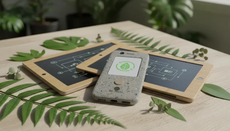 Sustainable electronics devices made from recycled materials on wooden surface