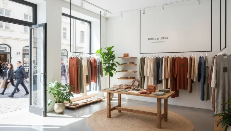 Sustainable fashion retail display with eco-friendly clothing