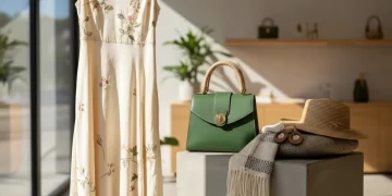 Sustainable luxury fashion display in modern boutique with eco-friendly materials