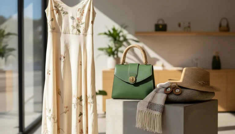 Sustainable luxury fashion display in modern boutique with eco-friendly materials