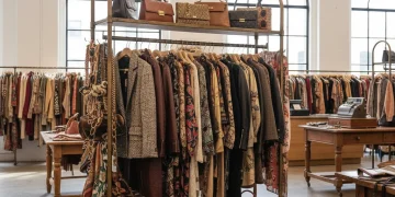 Thrifting designer pieces in a well-organized vintage store