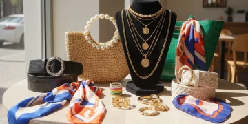 Trending accessories collection featuring statement bags and jewelry on display
