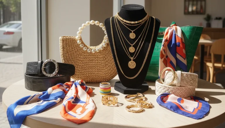Trending accessories collection featuring statement bags and jewelry on display