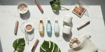 Trending beauty products displayed in a flatlay composition